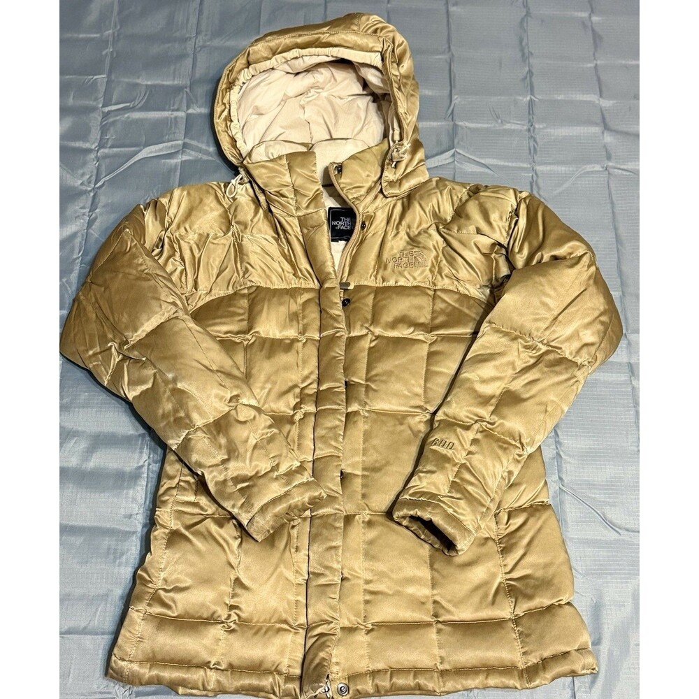 North Face Womens XS Goose Down Winter Puffer Jacket Gold Hood Parka Puff Coat